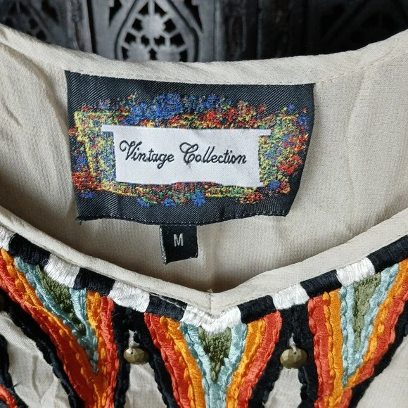Vintage Collection Embroidered Beaded Boho Cream Rainbow Tunic Top Women Medium - Picture 3 of 10